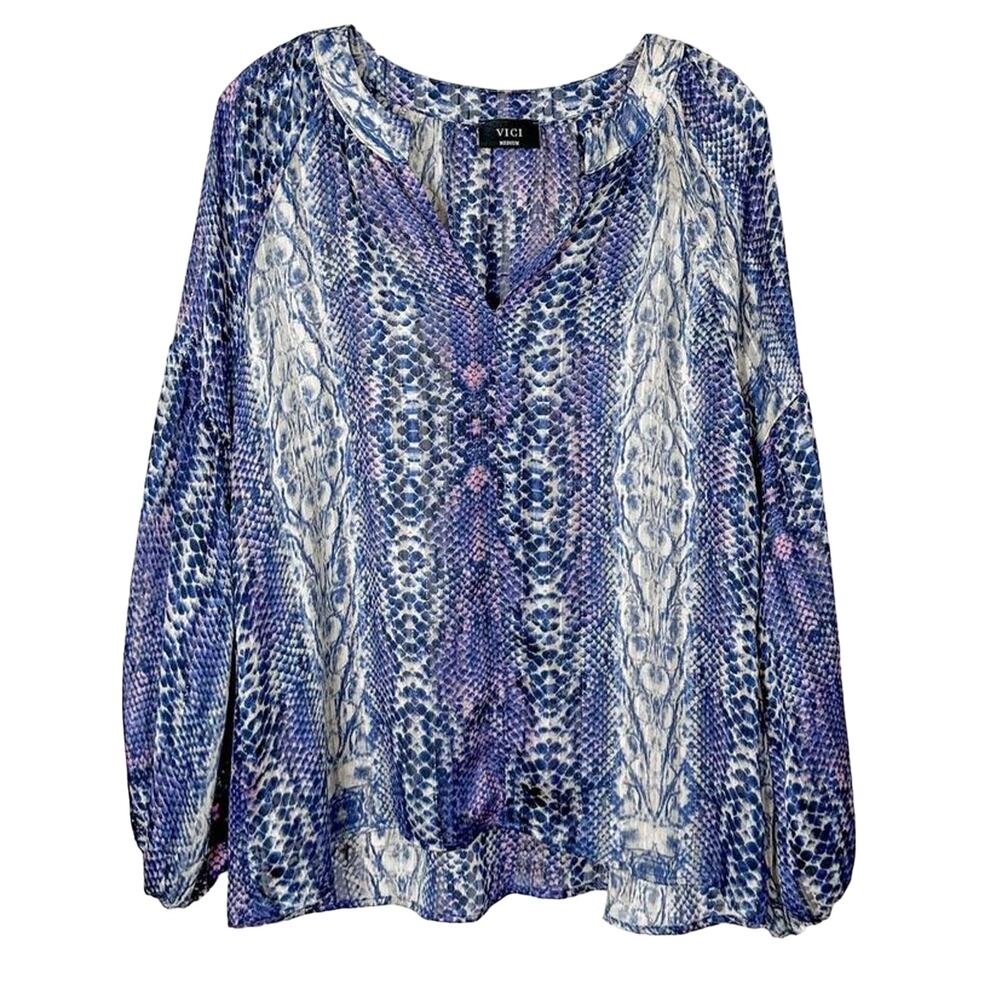 Vici Women's Snakeskin Print V Neck Long Sleeve Top Blue Purple Size Medium
